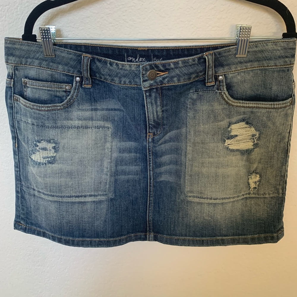 London Jean, distressed denim, size 12 mini skirt